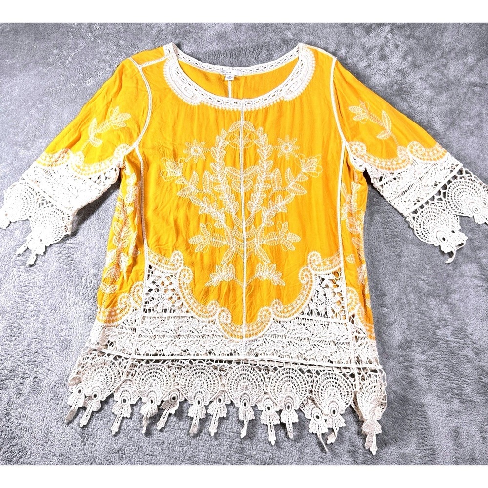 Boho Crochet Lace‎ Embroidered Tunic Womens M Yellow Hippie